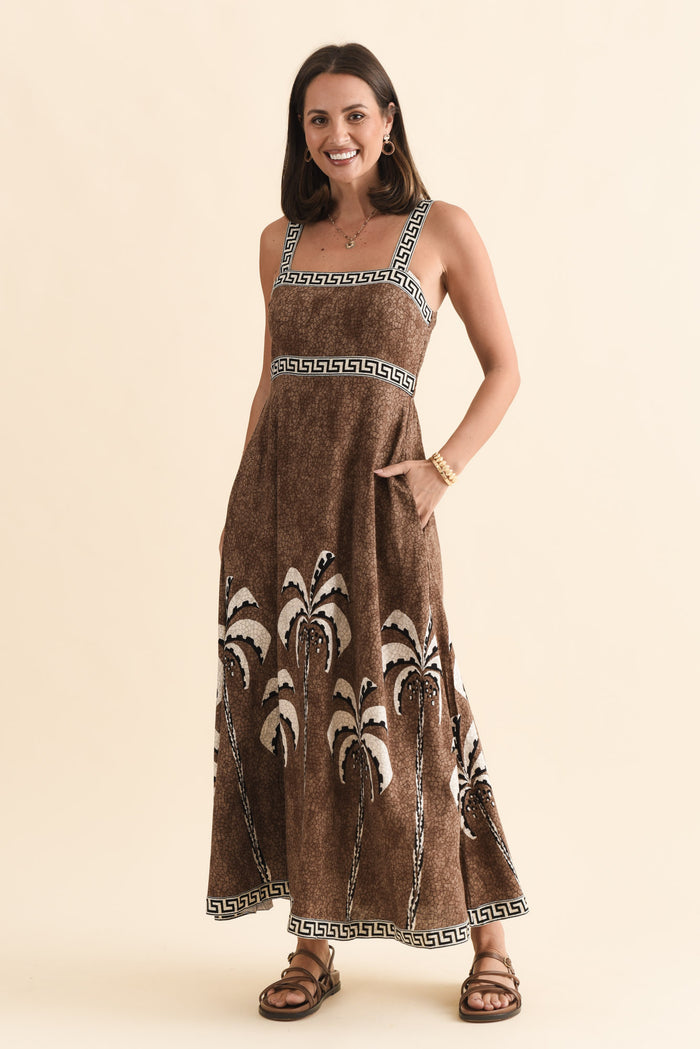 Giovanna Brown Tropical Maxi Dress,Brunette model,alt text|model:MJ