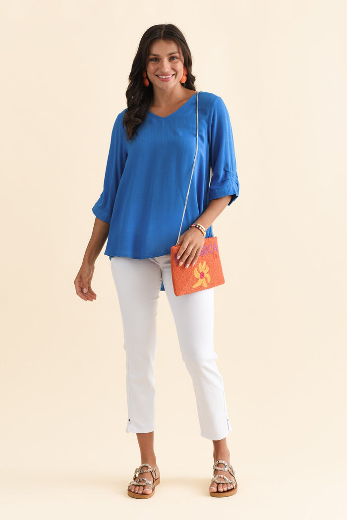 Gomez Cobalt Button Top,Brunette model,alt text|model:Brontie