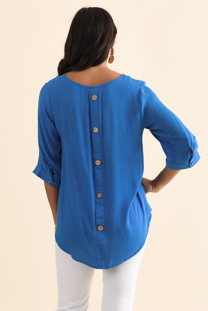 Gomez Cobalt Button Top,Brunette model,alt text|model:Brontie
