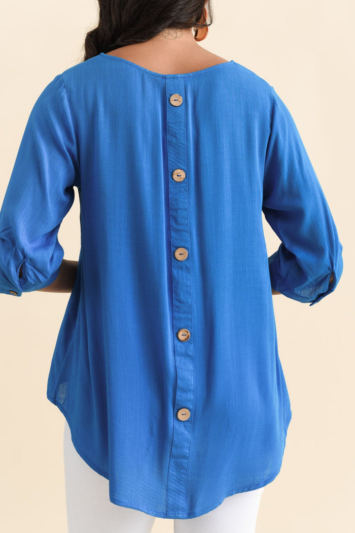 Gomez Cobalt Button Top,Brunette model,alt text|model:Brontie