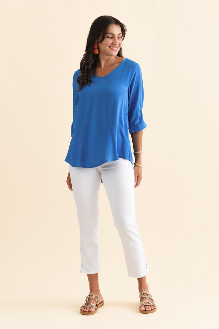 Gomez Cobalt Button Top,Brunette model,alt text|model:Brontie