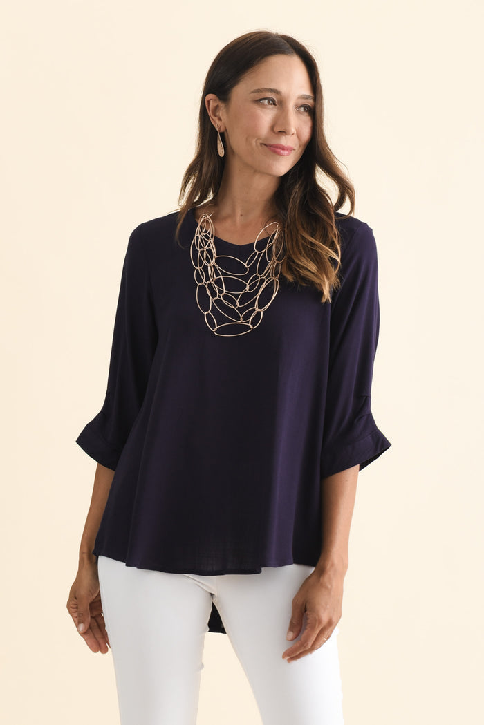 Gomez Dark Navy Button Top,Brunette model,alt text|model:Cara