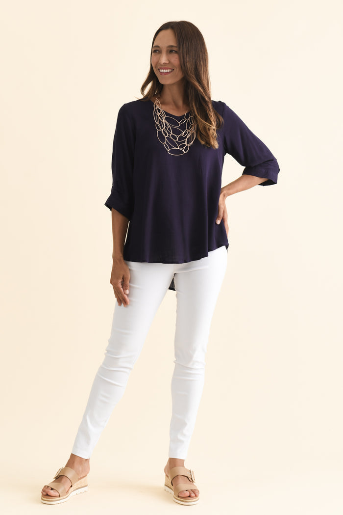 Gomez Dark Navy Button Top,Brunette model,alt text|model:Cara
