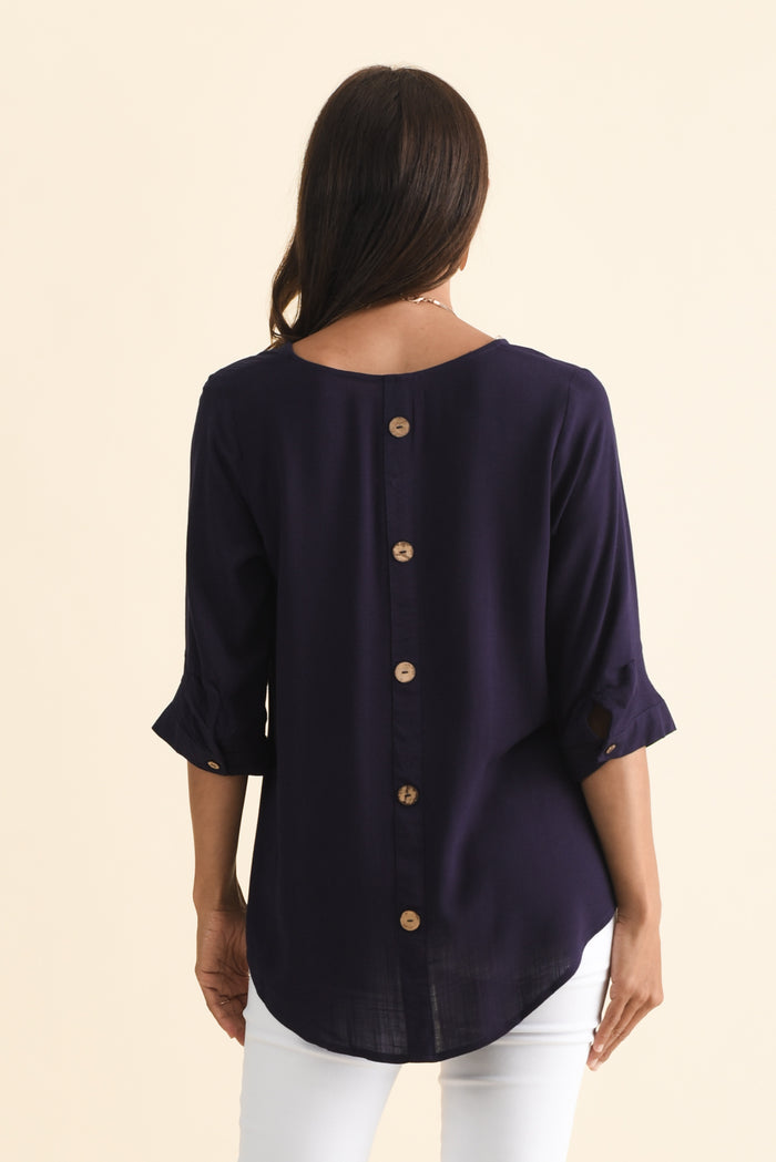 Gomez Dark Navy Button Top,Brunette model,alt text|model:Cara