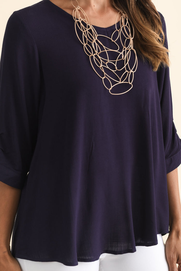 Gomez Dark Navy Button Top,Brunette model,alt text|model:Cara