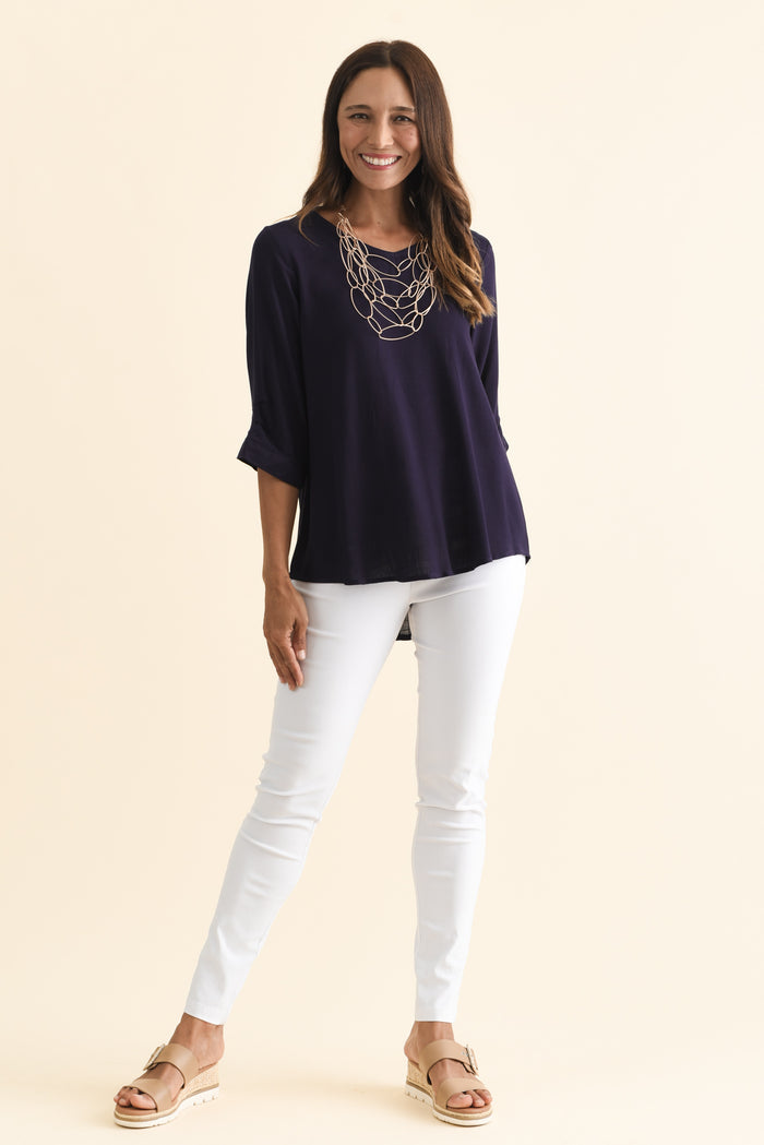 Gomez Dark Navy Button Top,Brunette model,alt text|model:Cara