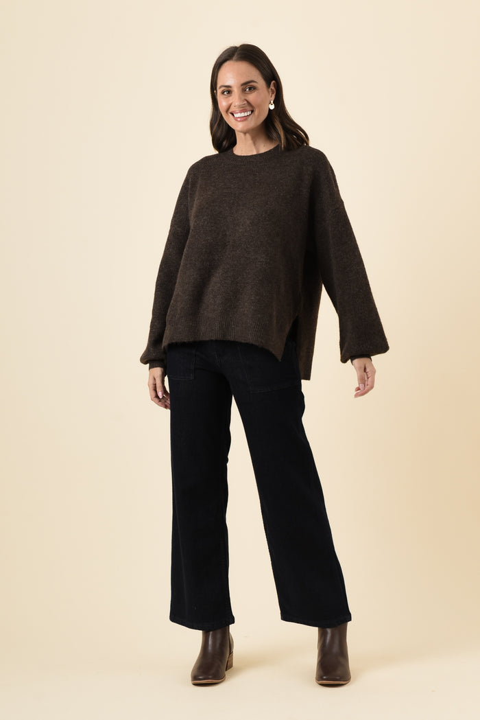 Grady Chocolate Knit Jumper,Brunette model,alt text|model:MJ
