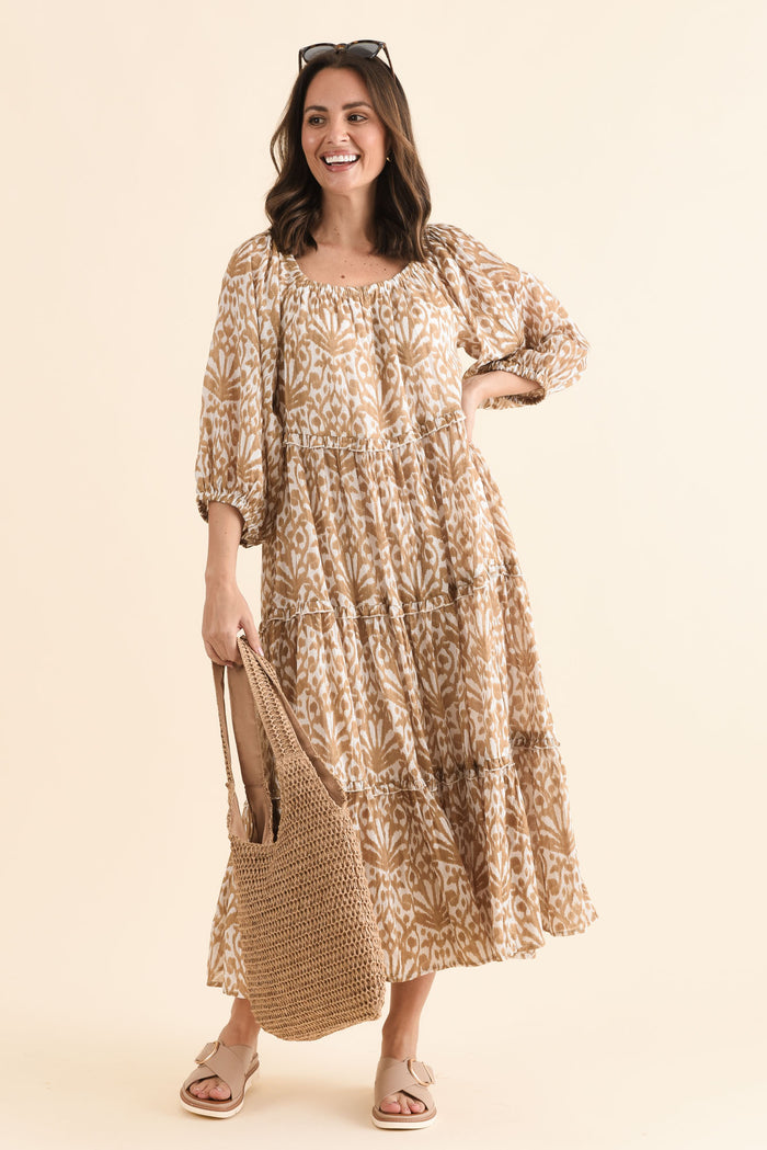 Grenadine Taupe Motif Cotton Dress,Front,Brunette model,alt text|model:MJ