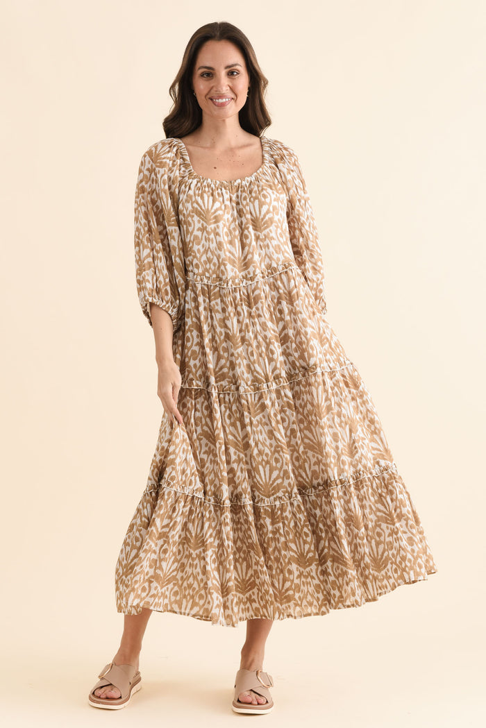 Grenadine Taupe Motif Cotton Dress,Full Body,Brunette model,alt text|model:MJ