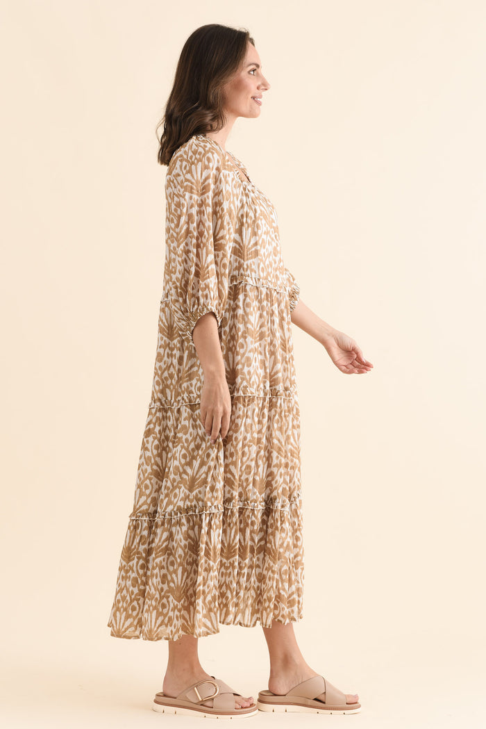 Grenadine Taupe Motif Cotton Dress,Side,Brunette model,alt text|model:MJ