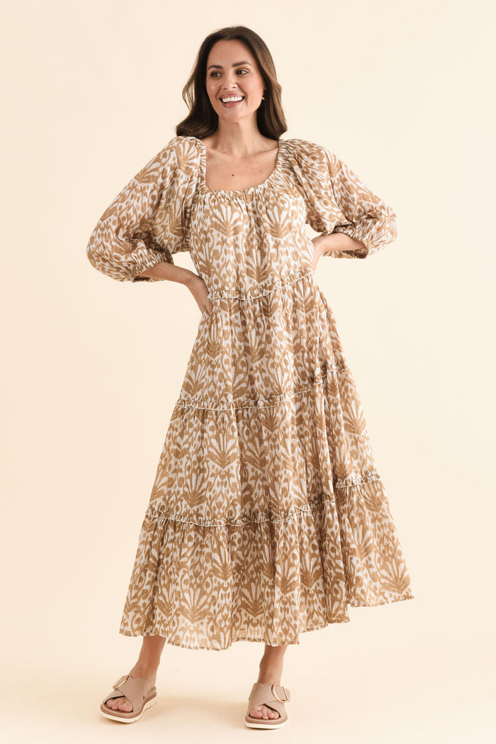 Grenadine Taupe Motif Cotton Dress,Full Body,Brunette model,alt text|model:MJ