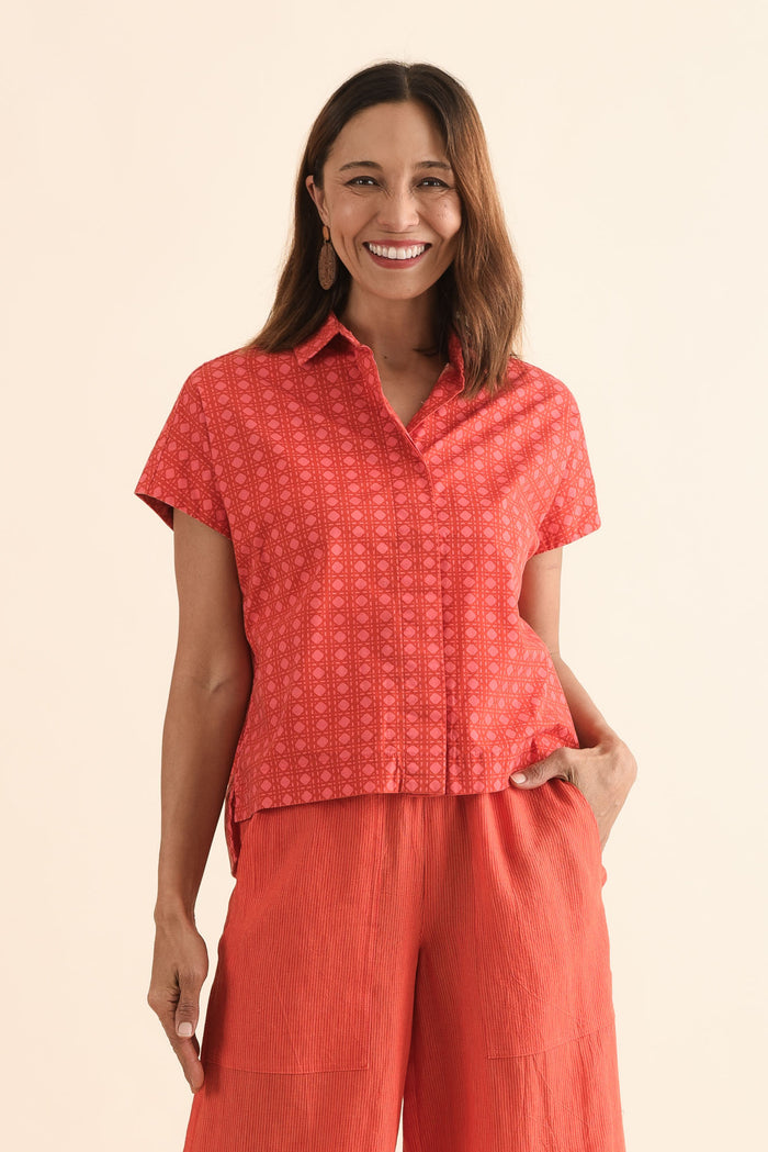 Grover Orange Check Cotton Shirt,Front,Brunette model,alt text|model:Cara