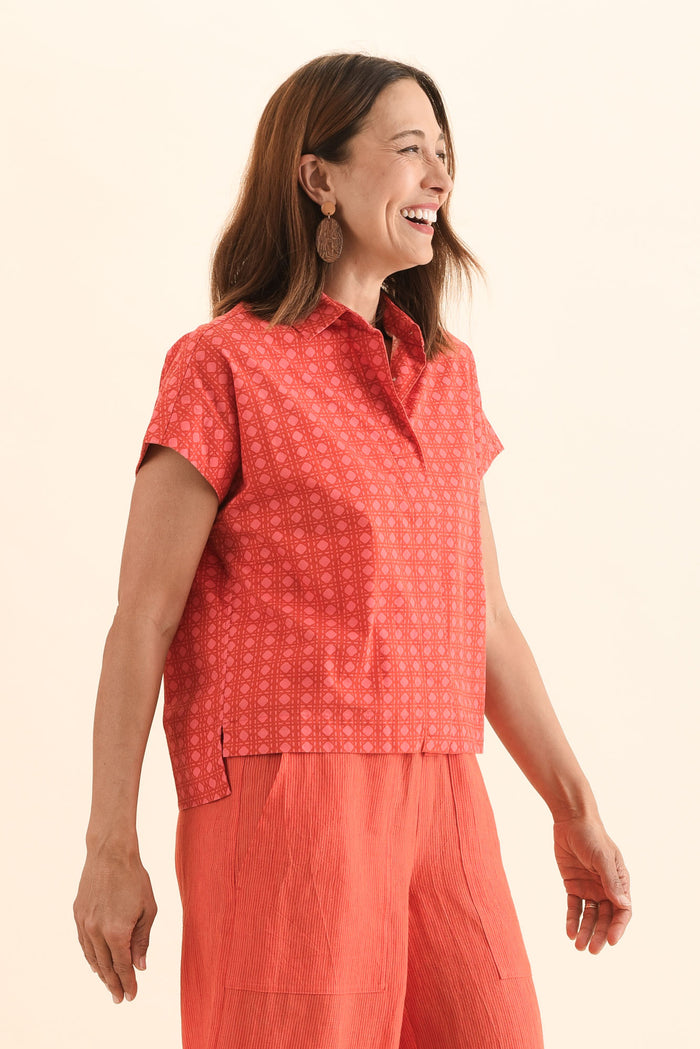 Grover Orange Check Cotton Shirt,Side,Brunette model,alt text|model:Cara