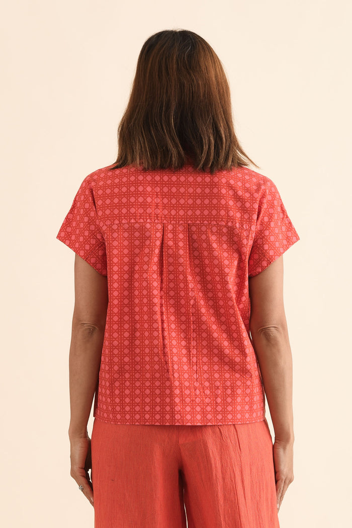 Grover Orange Check Cotton Shirt,Back,Brunette model,alt text|model:Cara