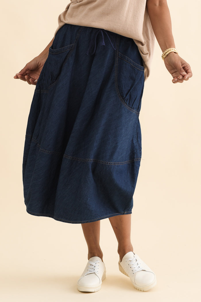 Gwen Blue Denim Pocket Skirt,Brunette model,alt text|model:Cara