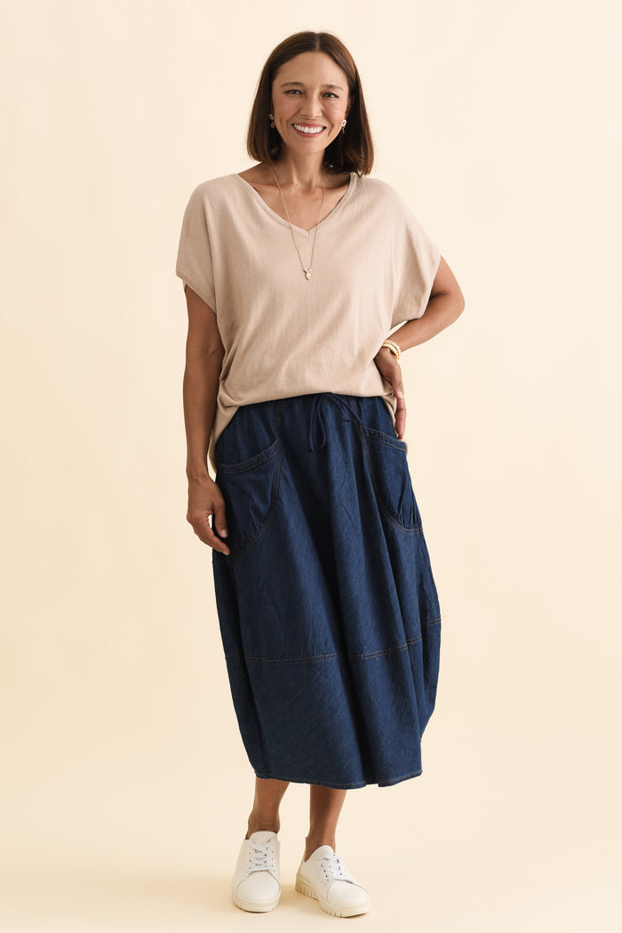 Gwen Blue Denim Pocket Skirt,Brunette model,alt text|model:Cara