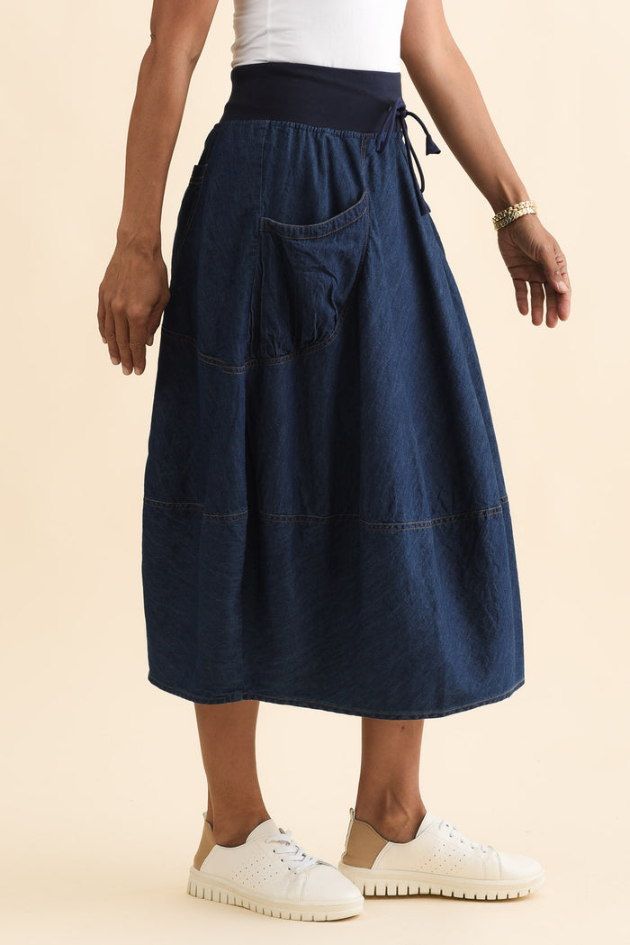 Gwen Blue Denim Pocket Skirt,Brunette model,alt text|model:Cara