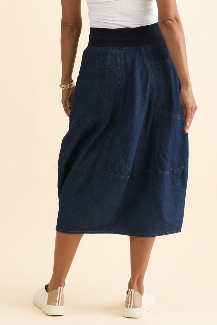 Gwen Blue Denim Pocket Skirt,Brunette model,alt text|model:Cara