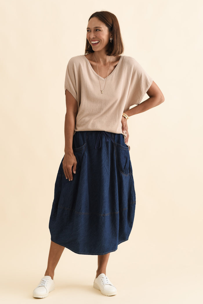 Gwen Blue Denim Pocket Skirt,Brunette model,alt text|model:Cara