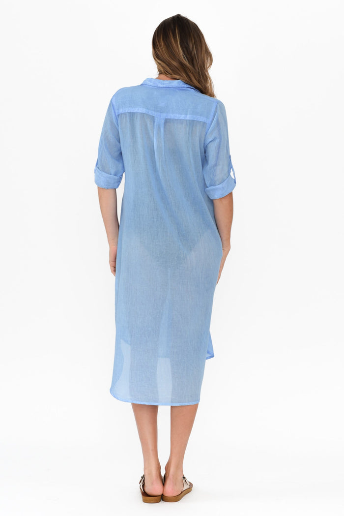 Hailey Blue Cotton Button Kaftan,Brunette model,alt text|model:Johanna