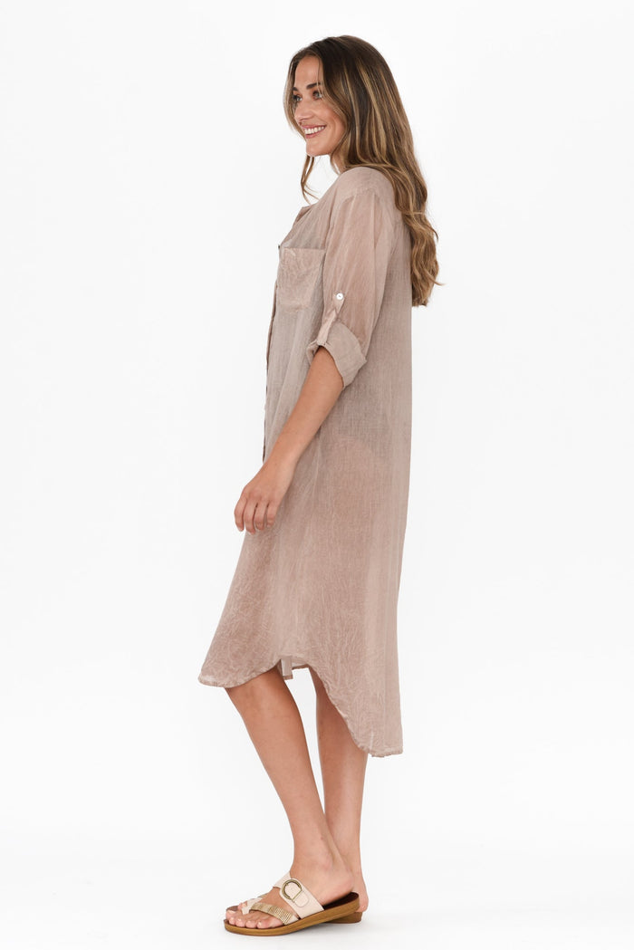 Hailey Taupe Cotton Button Kaftan,Brunette model,alt text|model:Johanna