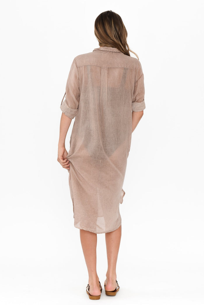 Hailey Taupe Cotton Button Kaftan,Brunette model,alt text|model:Johanna