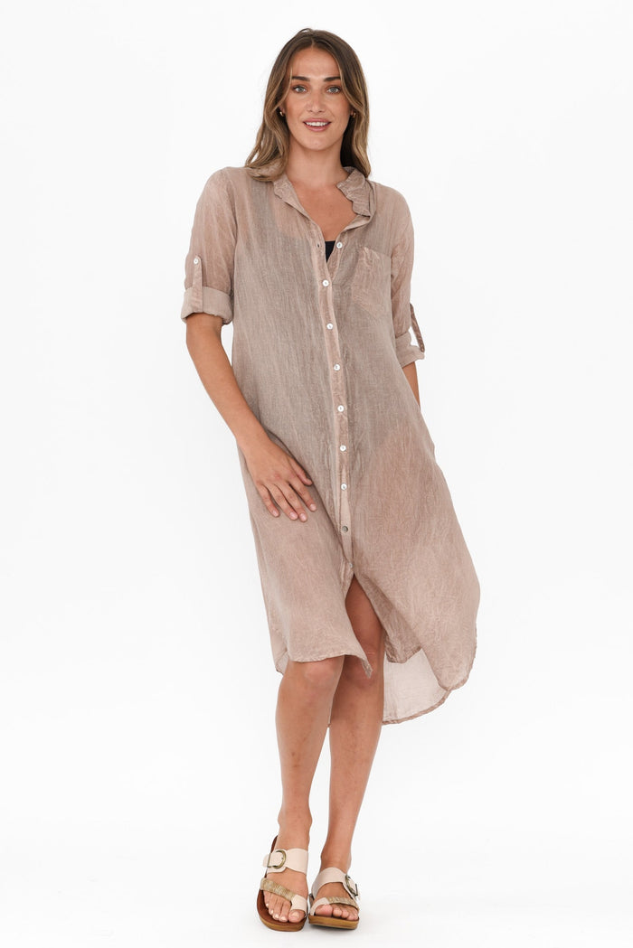 Hailey Taupe Cotton Button Kaftan,Brunette model,alt text|model:Johanna