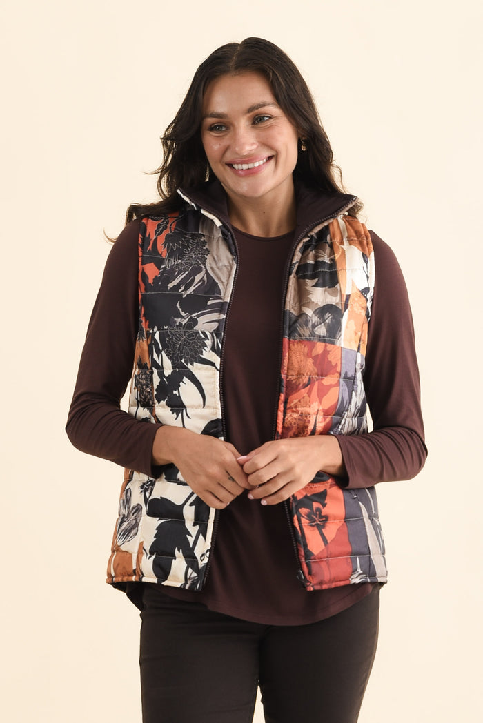 Hallen Orange Floral Puffer Vest,Brunette model,alt text|model:Brontie