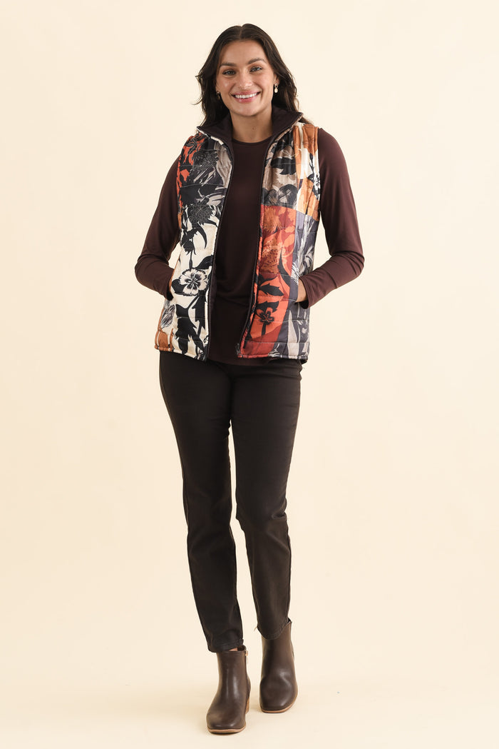 Hallen Orange Floral Puffer Vest,Brunette model,alt text|model:Brontie