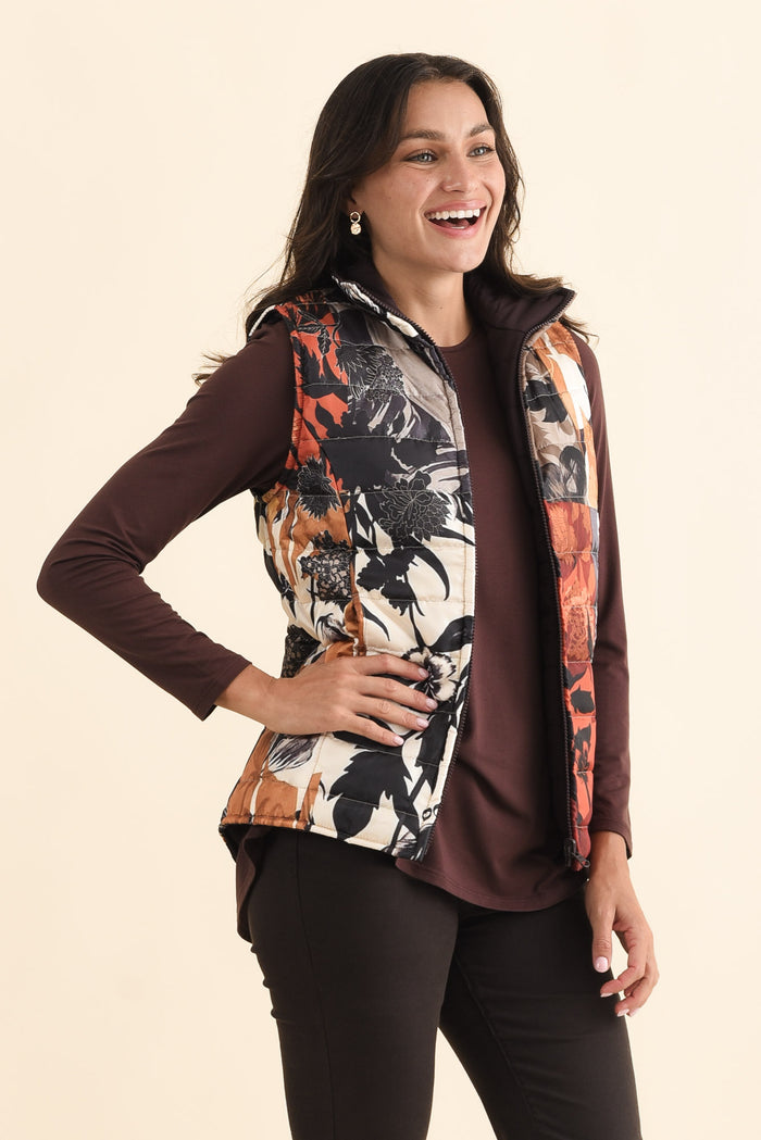 Hallen Orange Floral Puffer Vest,Brunette model,alt text|model:Brontie