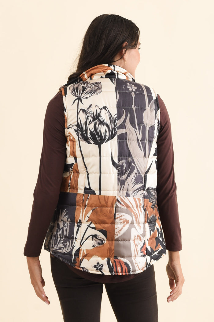 Hallen Orange Floral Puffer Vest,Brunette model,alt text|model:Brontie