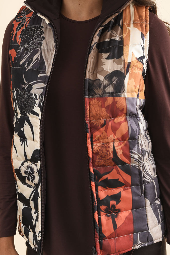 Hallen Orange Floral Puffer Vest,Brunette model,alt text|model:Brontie