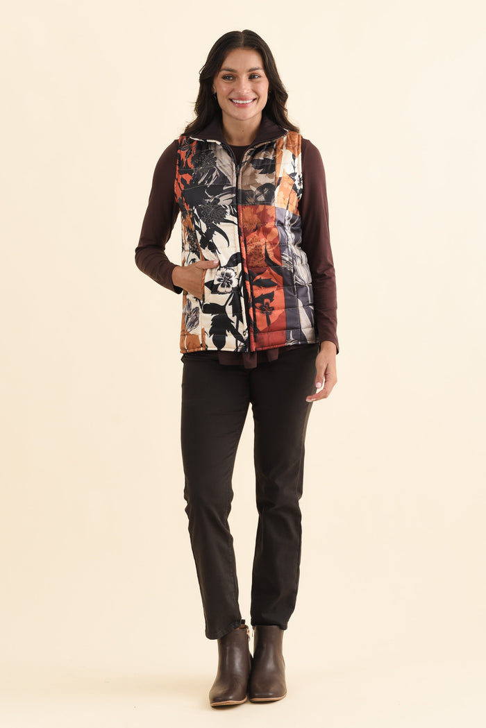 Hallen Orange Floral Puffer Vest,Brunette model,alt text|model:Brontie