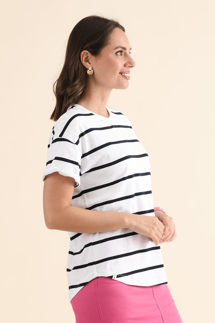 Halli White Stripe Cotton Tee,Side,Brunette model,alt text|model:MJ