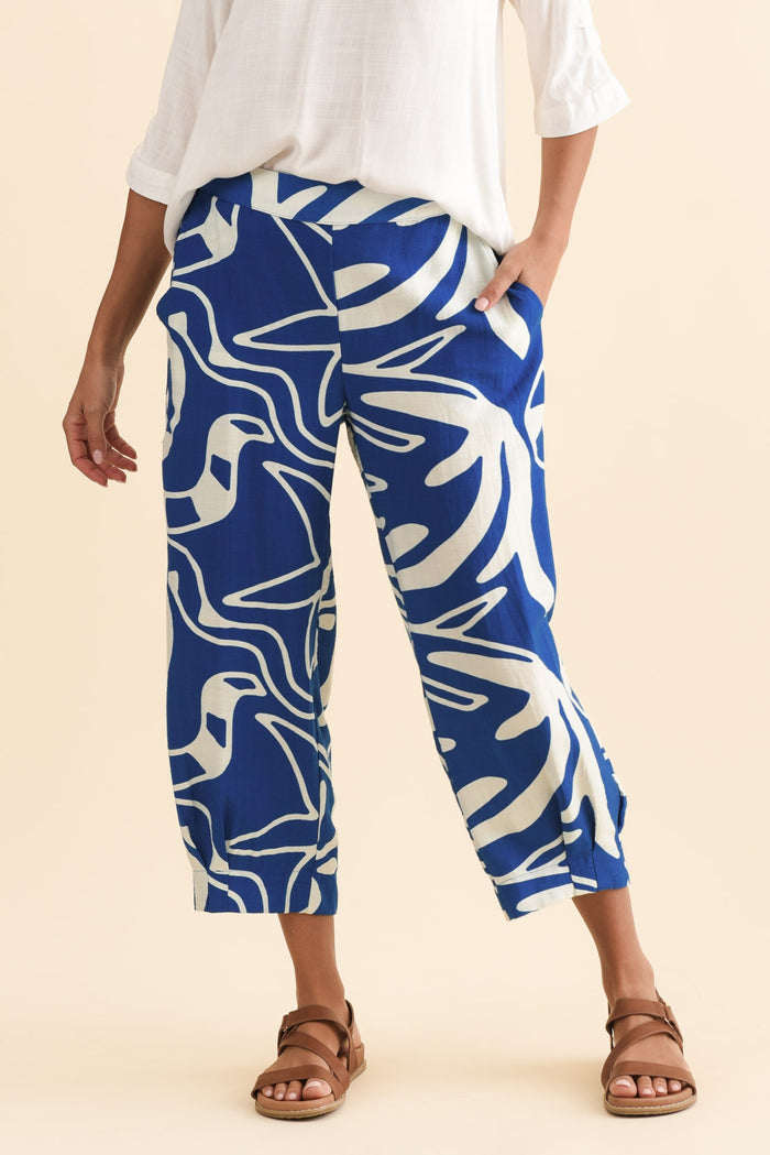 Hallie Cobalt Palm Pocket Pants,Brunette model,alt text|model:Brontie