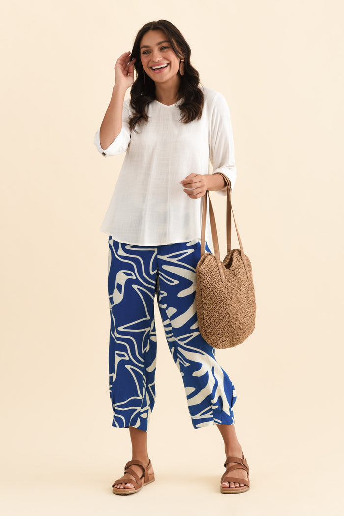 Hallie Cobalt Palm Pocket Pants,Brunette model,alt text|model:Brontie
