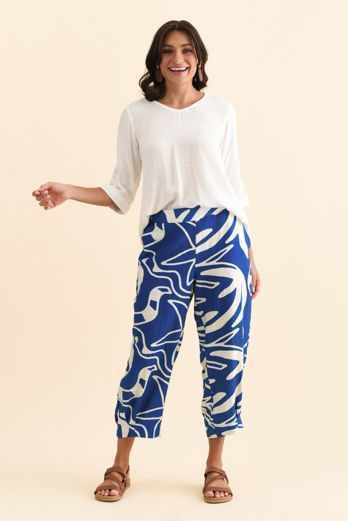 Hallie Cobalt Palm Pocket Pants,Brunette model,alt text|model:Brontie