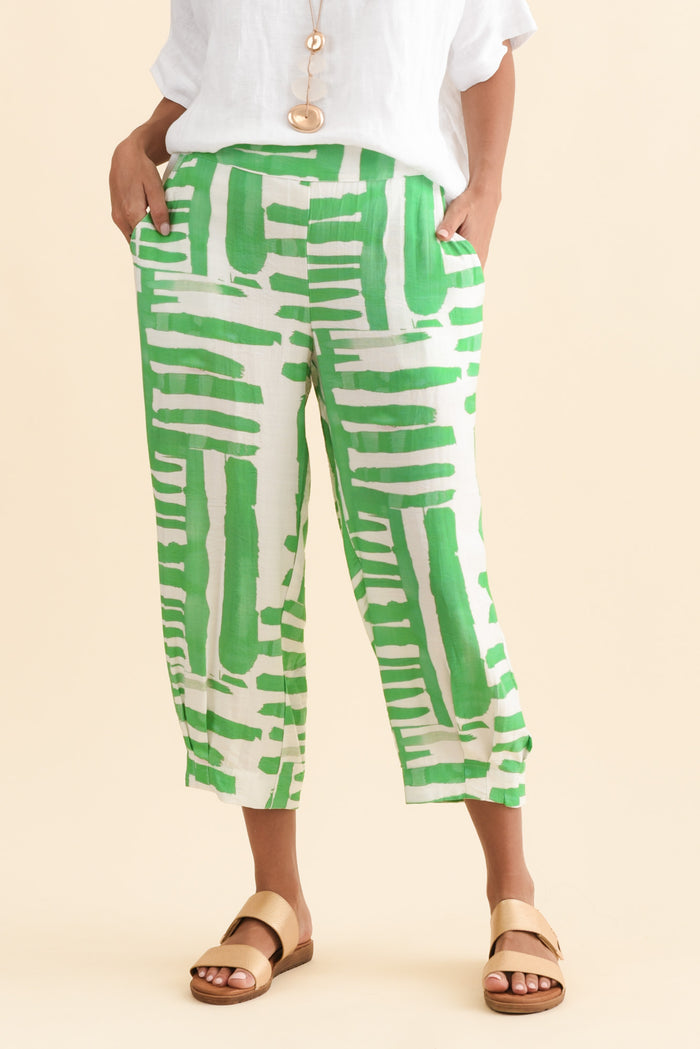 Hallie Green Geo Pocket Pants,Brunette model,alt text|model:Brontie