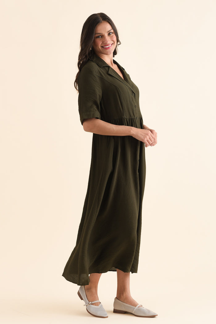 Hamlin Olive Collared Tie Dress,Side,Brunette model,alt text|model:Brontie