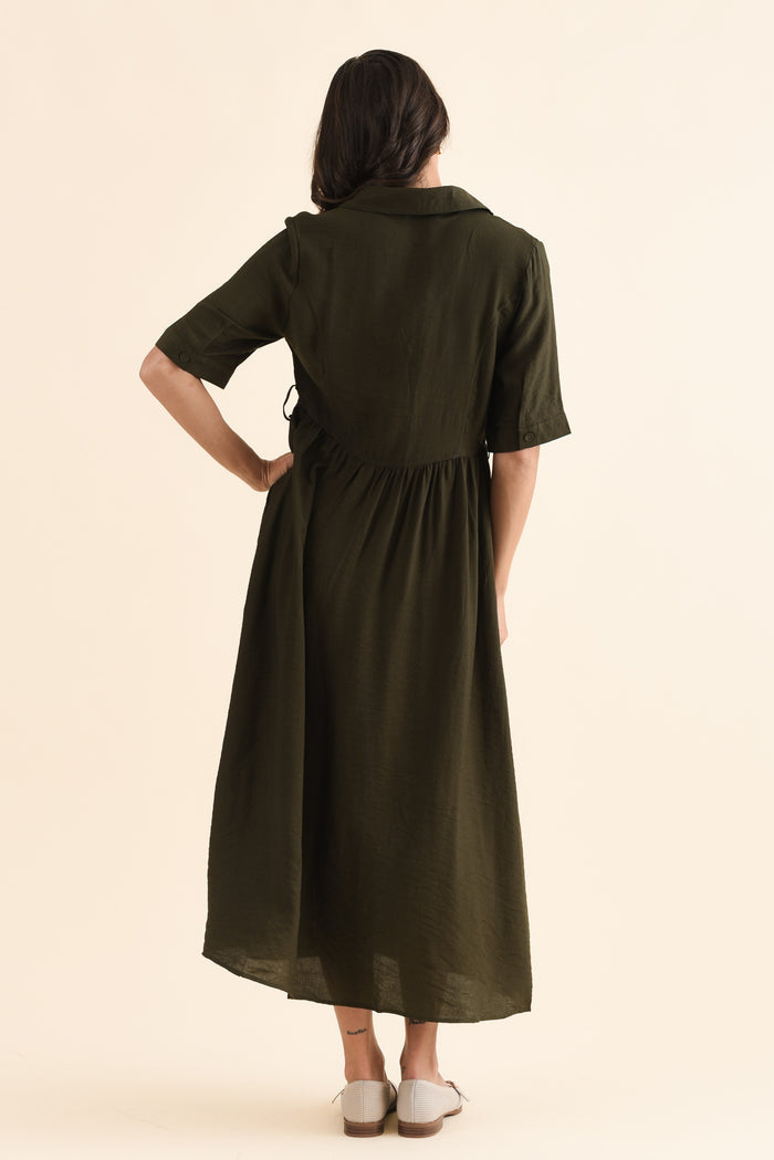 Hamlin Olive Collared Tie Dress,Back,Brunette model,alt text|model:Brontie