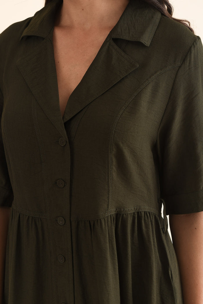Hamlin Olive Collared Tie Dress,Detail,Brunette model,alt text|model:Brontie