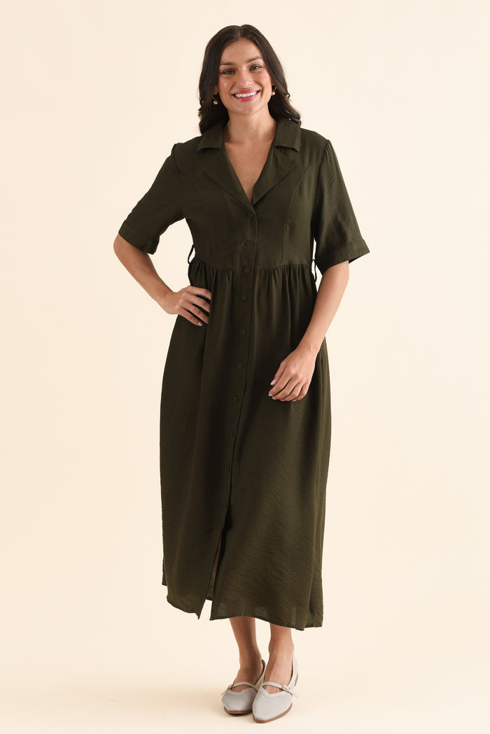 Hamlin Olive Collared Tie Dress,Full Body,Brunette model,alt text|model:Brontie