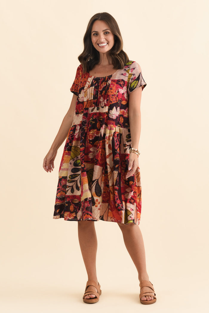 Hanoi Red Mosaic Cotton Blend Dress,Brunette model,alt text|model:MJ