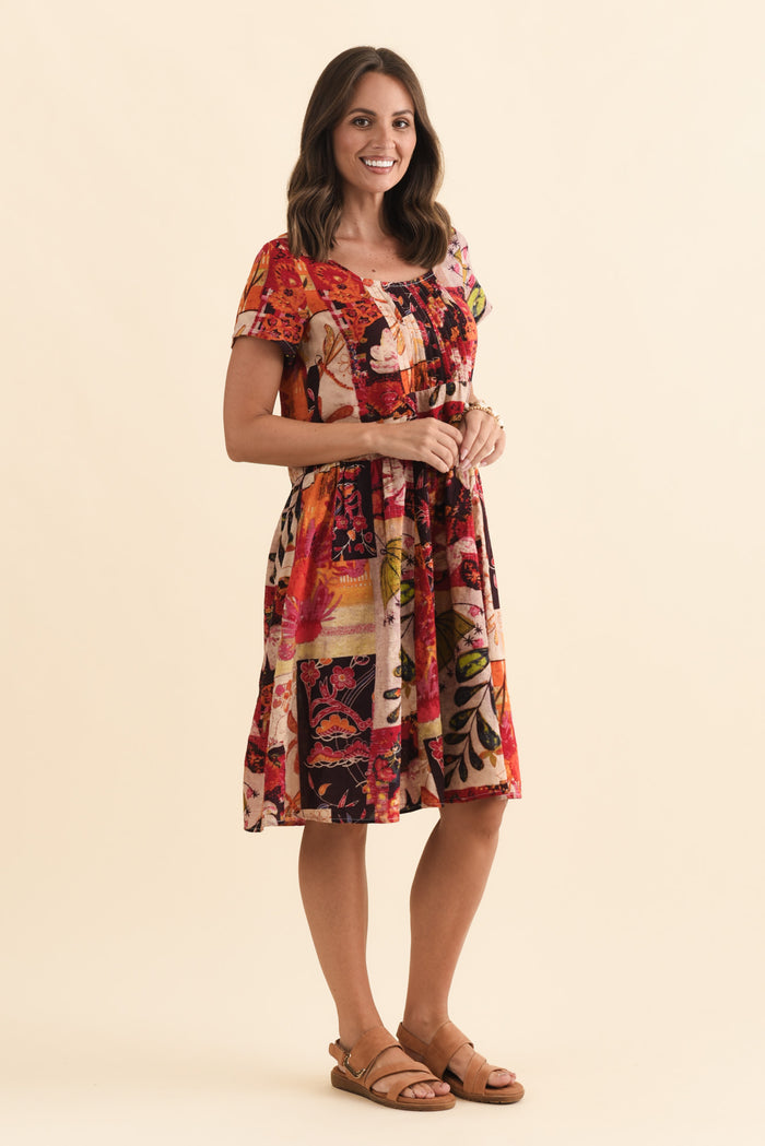 Hanoi Red Mosaic Cotton Blend Dress,Brunette model,alt text|model:MJ