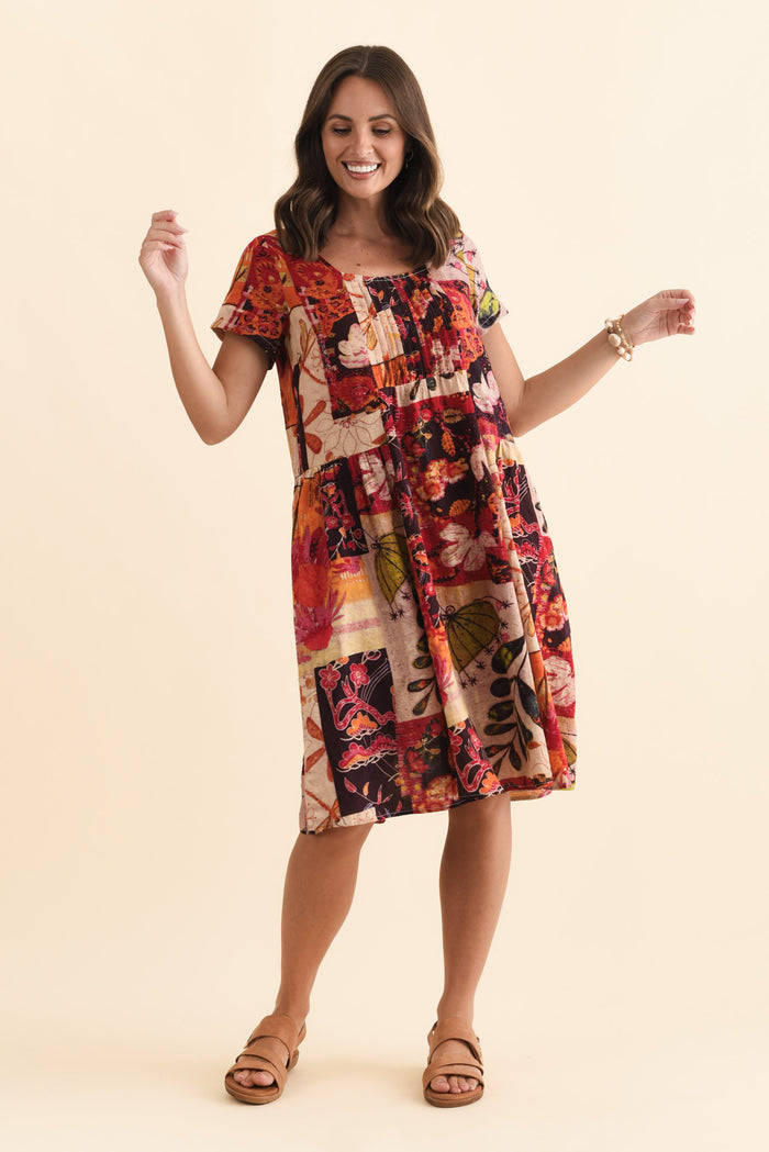 Hanoi Red Mosaic Cotton Blend Dress,Brunette model,alt text|model:MJ