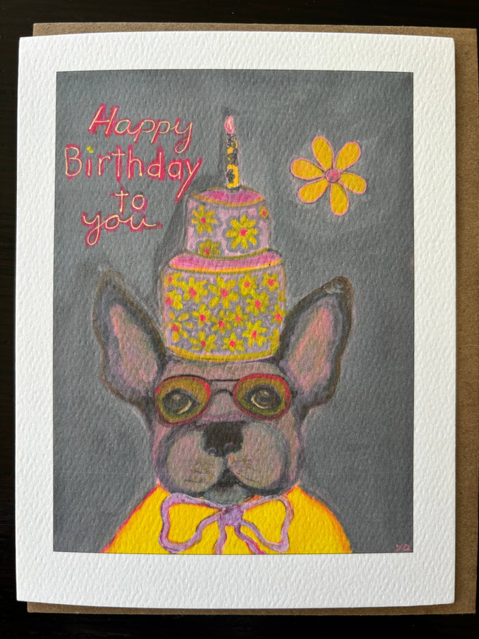 Happy Birthday cake hat French bull dog greeting card