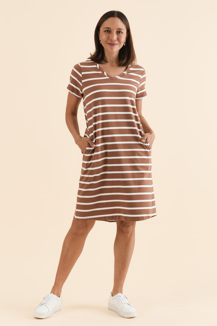Harley Chocolate Stripe Cotton Tee Dress,Front,Brunette model,alt text|model:Cara