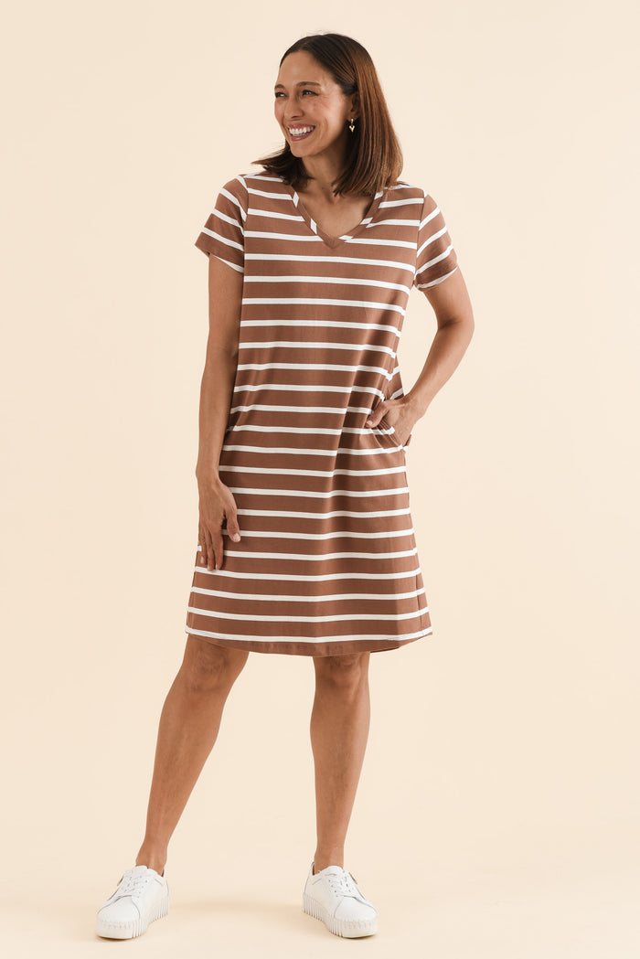 Harley Chocolate Stripe Cotton Tee Dress,Full Body,Brunette model,alt text|model:Cara