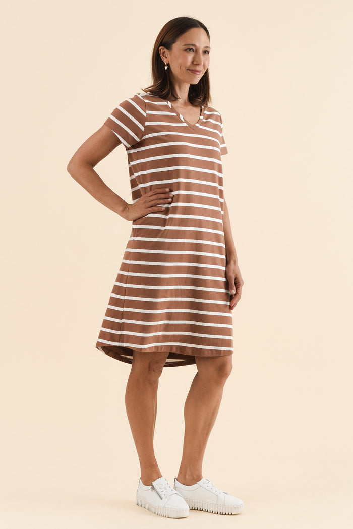 Harley Chocolate Stripe Cotton Tee Dress,Side,Brunette model,alt text|model:Cara