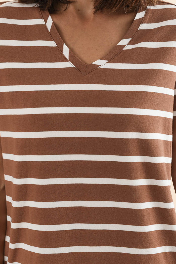 Harley Chocolate Stripe Cotton Tee Dress,Detail,Brunette model,alt text|model:Cara